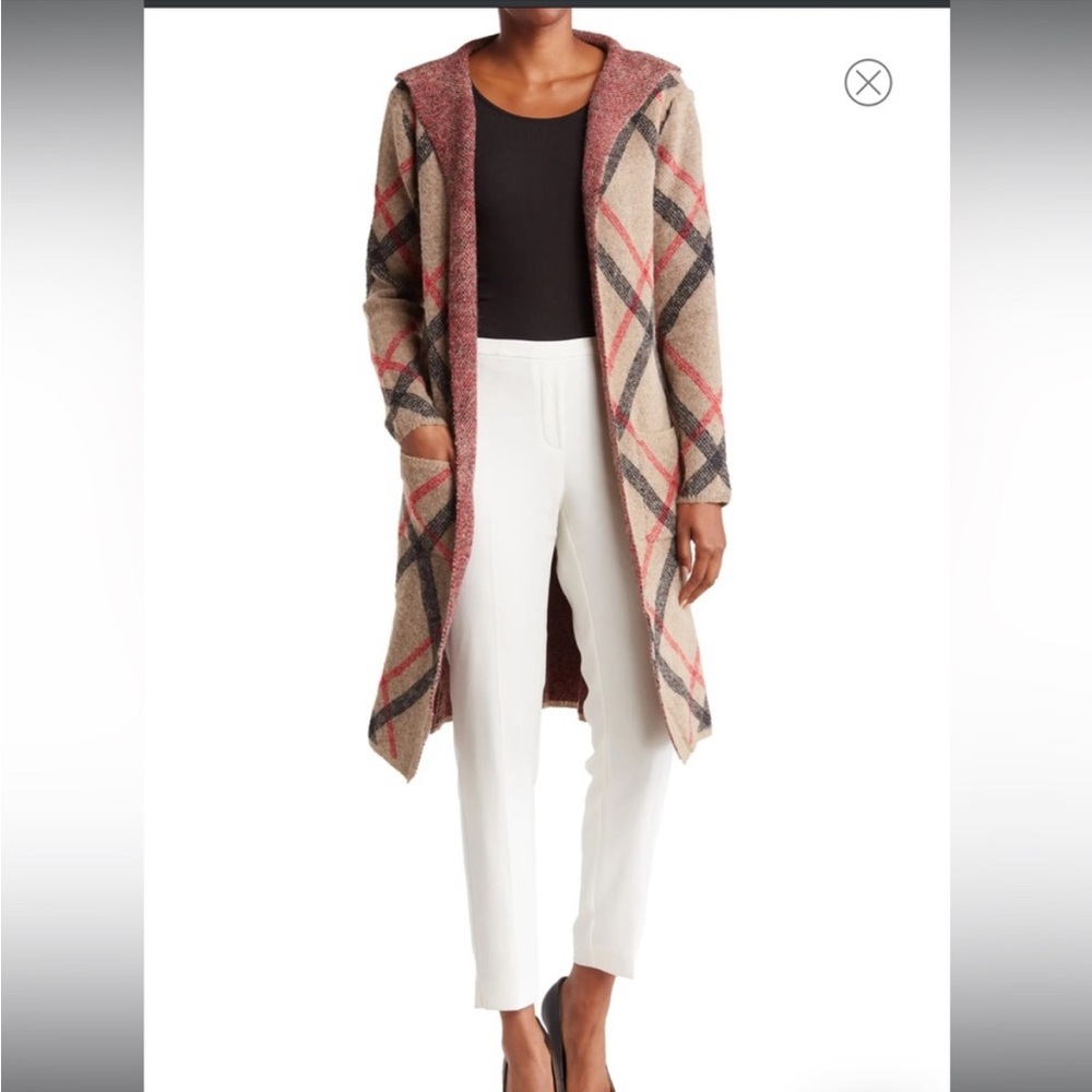 Plaid Hooded Long Cardigan Sweater